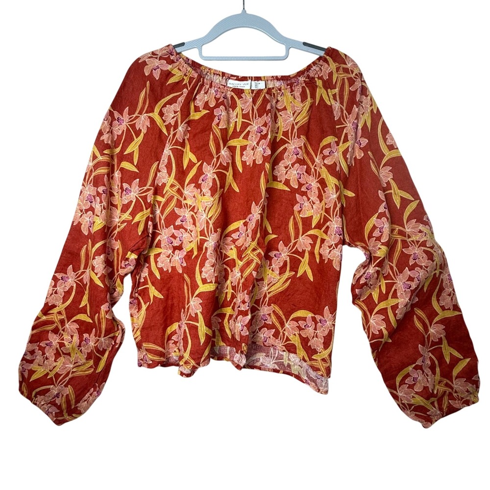 Rachel Zoe Blouse Womens Large Floral 100% Linen Excellent Boho Tropical Top